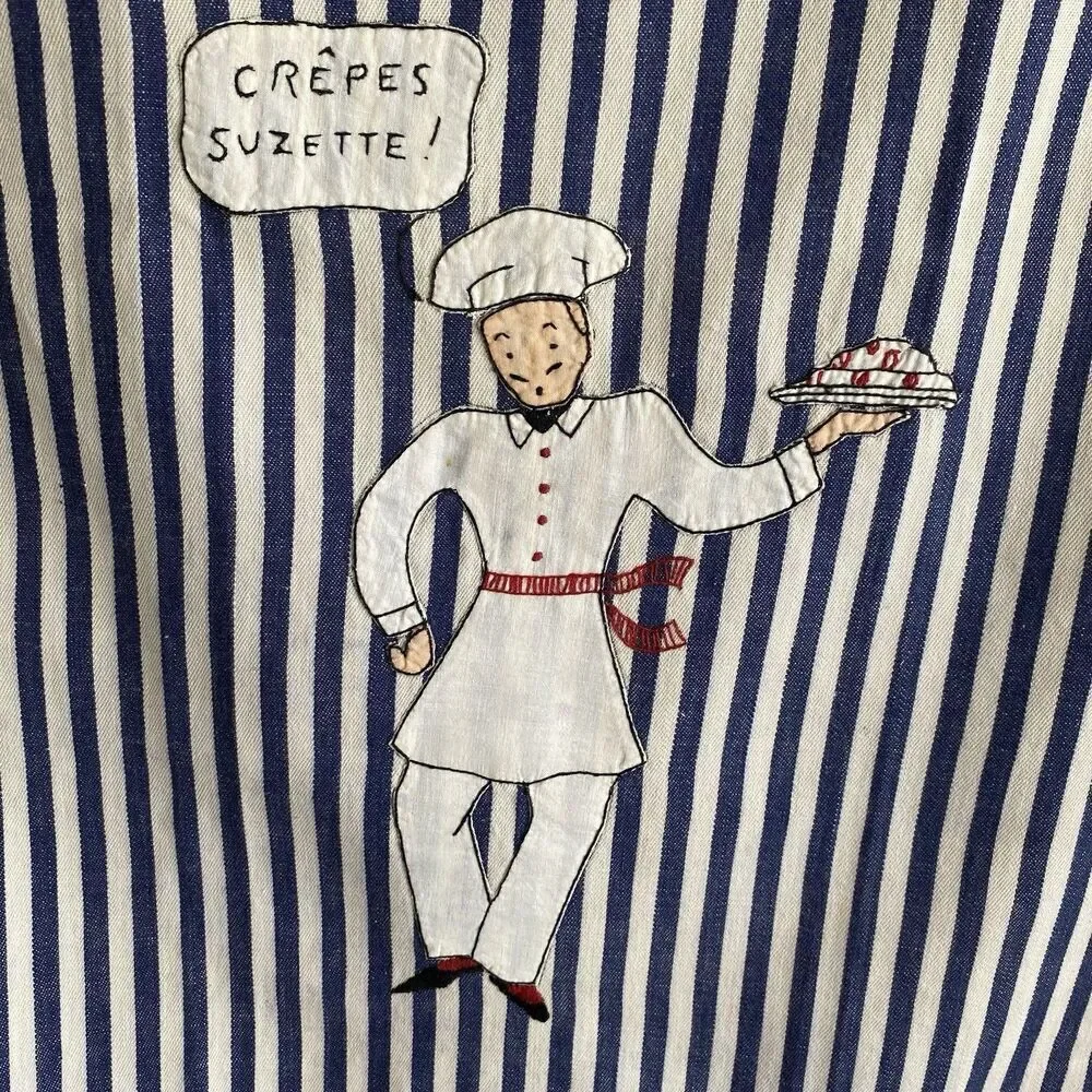 Full Bib Apron Set with Dish Towel Blue Stripes Crepes Suzette! Hand Embroidered